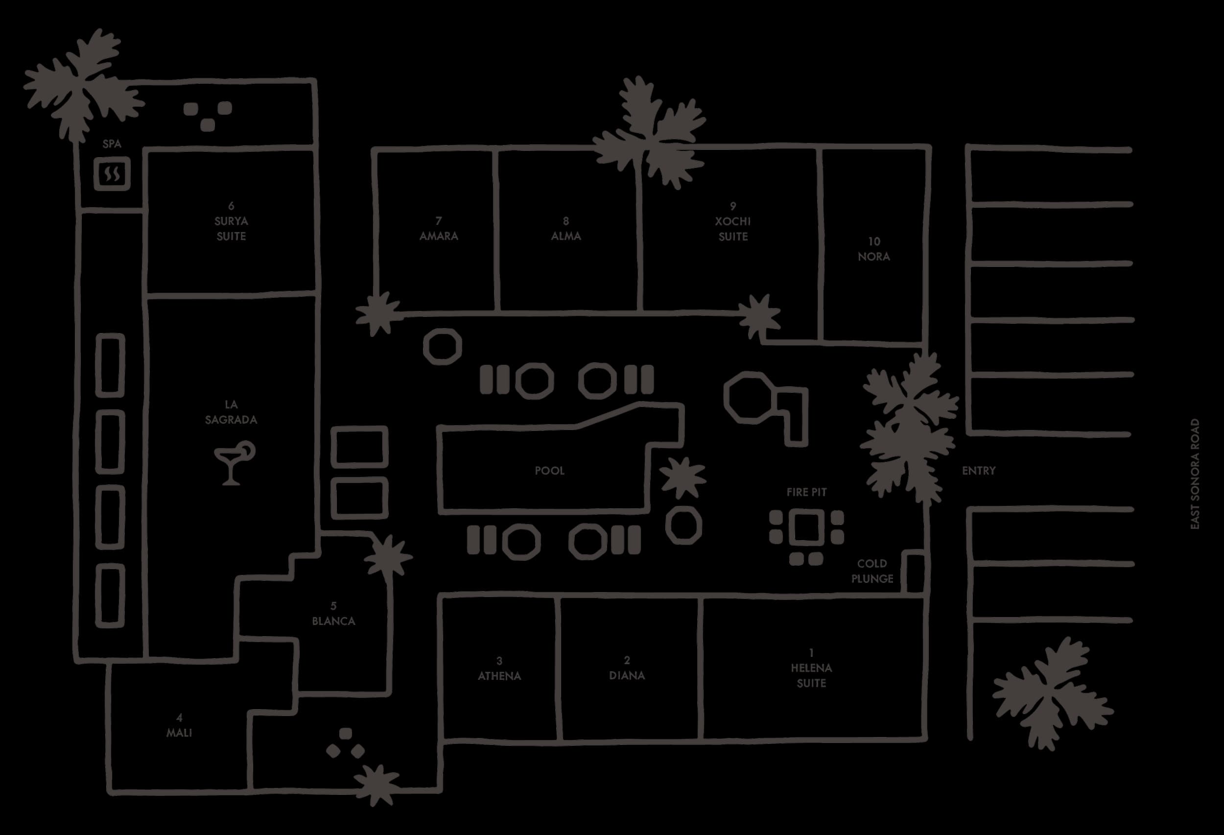 A floor plan layout showing various labeled rooms and a parking area.
